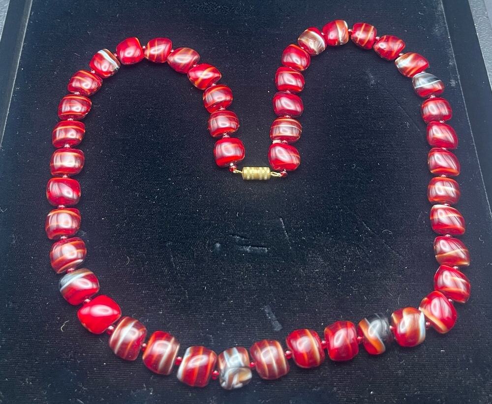 Striped Red Art Glass Beaded 21" Necklace Barrel Clasp Seed Bead Spacers Unique